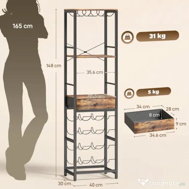 HOMCOM Dulap de Bar, Mobilier de Bar cu Sertar și Suport pentru Pahare, Maro Rustic | Aosom Romania