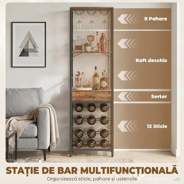 HOMCOM Dulap de Bar, Mobilier de Bar cu Sertar și Suport pentru Pahare, Maro Rustic | Aosom Romania