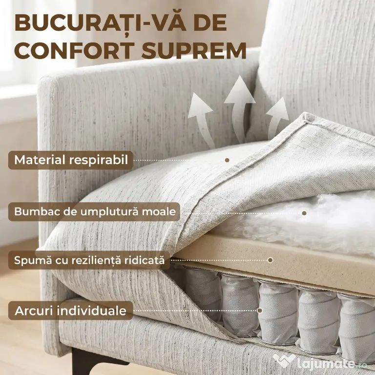 HOMCOM Fotoliu Living Tapițat din Țesătură cu Efect de In cu Brațe, Pernă Lombară și Șezut Generos, Alb | Aosom Romania