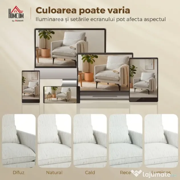 HOMCOM Fotoliu Living Tapițat din Țesătură cu Efect de In cu Brațe, Pernă Lombară și Șezut Generos, Alb | Aosom Romania