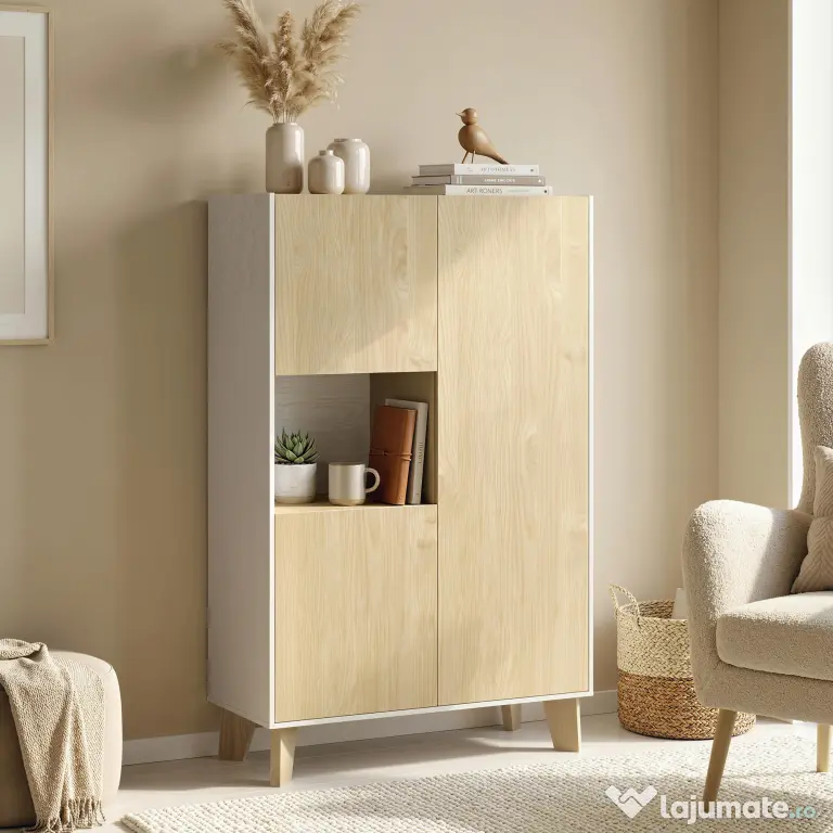 HOMCOM Servantă de Bucătărie, Mobilier de Bucătărie cu 6 Compartimente cu Uși Soft Close pentru Living, Sufragerie, Alb și Lemn | Aosom Romania