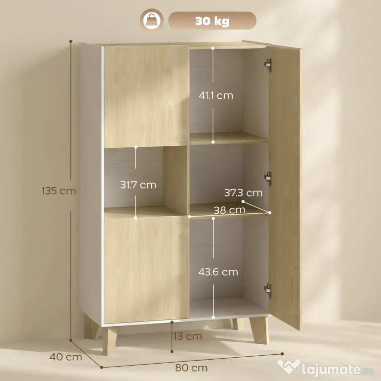 HOMCOM Servantă de Bucătărie, Mobilier de Bucătărie cu 6 Compartimente cu Uși Soft Close pentru Living, Sufragerie, Alb și Lemn | Aosom Romania