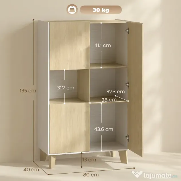 HOMCOM Servantă de Bucătărie, Mobilier de Bucătărie cu 6 Compartimente cu Uși Soft Close pentru Living, Sufragerie, Alb și Lemn | Aosom Romania