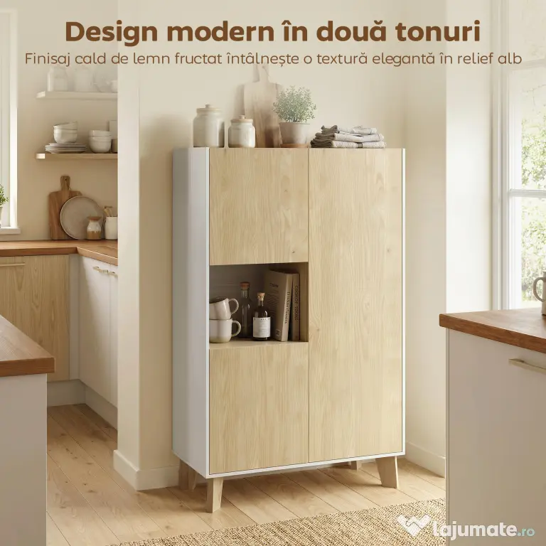 HOMCOM Servantă de Bucătărie, Mobilier de Bucătărie cu 6 Compartimente cu Uși Soft Close pentru Living, Sufragerie, Alb și Lemn | Aosom Romania
