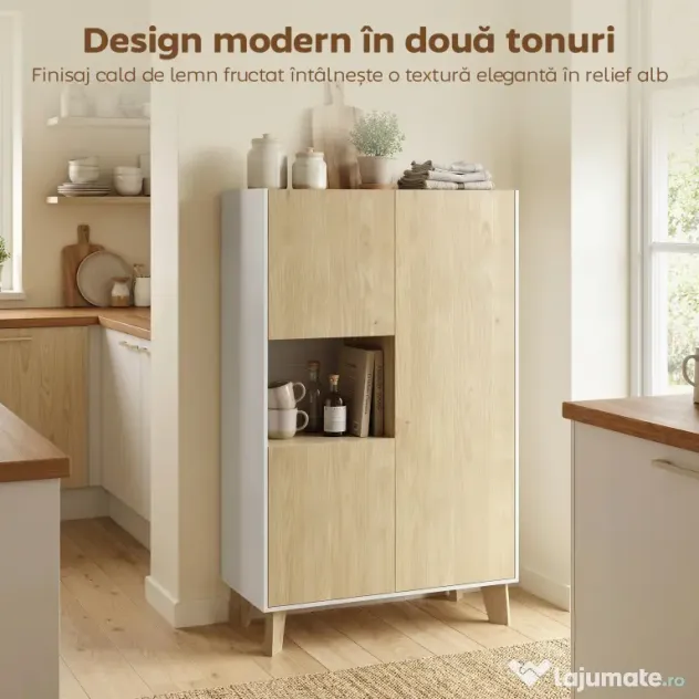 HOMCOM Servantă de Bucătărie, Mobilier de Bucătărie cu 6 Compartimente cu Uși Soft Close pentru Living, Sufragerie, Alb și Lemn | Aosom Romania