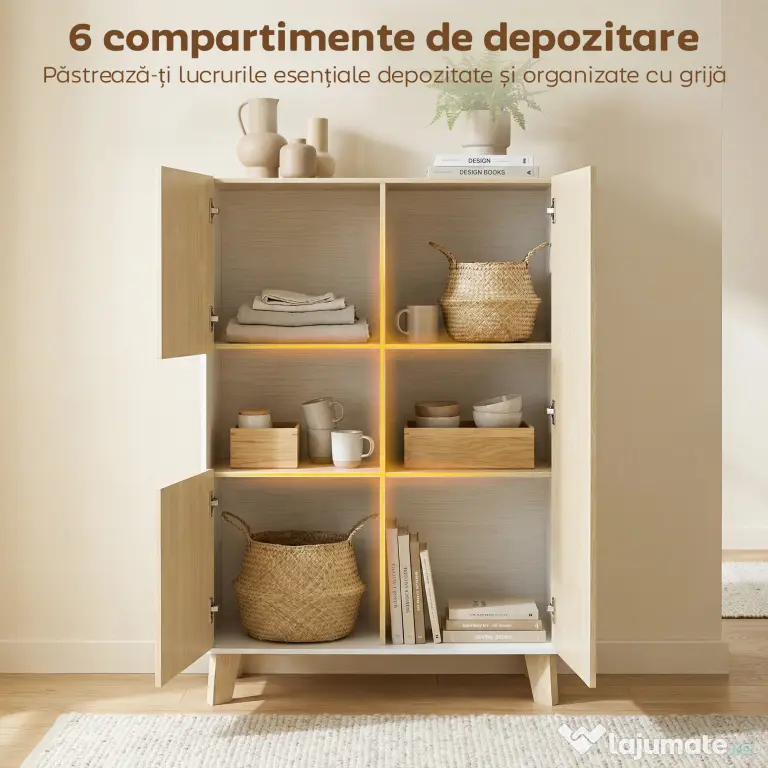 HOMCOM Servantă de Bucătărie, Mobilier de Bucătărie cu 6 Compartimente cu Uși Soft Close pentru Living, Sufragerie, Alb și Lemn | Aosom Romania