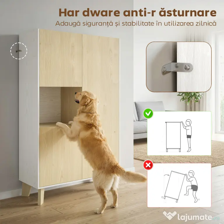 HOMCOM Servantă de Bucătărie, Mobilier de Bucătărie cu 6 Compartimente cu Uși Soft Close pentru Living, Sufragerie, Alb și Lemn | Aosom Romania