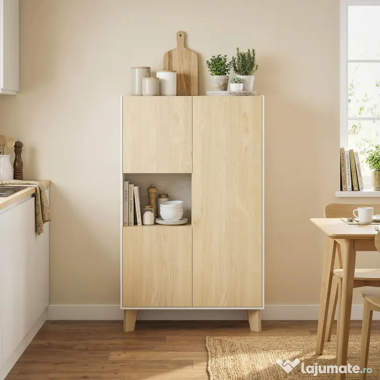 HOMCOM Servantă de Bucătărie, Mobilier de Bucătărie cu 6 Compartimente cu Uși Soft Close pentru Living, Sufragerie, Alb și Lemn | Aosom Romania