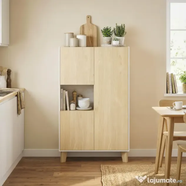 HOMCOM Servantă de Bucătărie, Mobilier de Bucătărie cu 6 Compartimente cu Uși Soft Close pentru Living, Sufragerie, Alb și Lemn | Aosom Romania