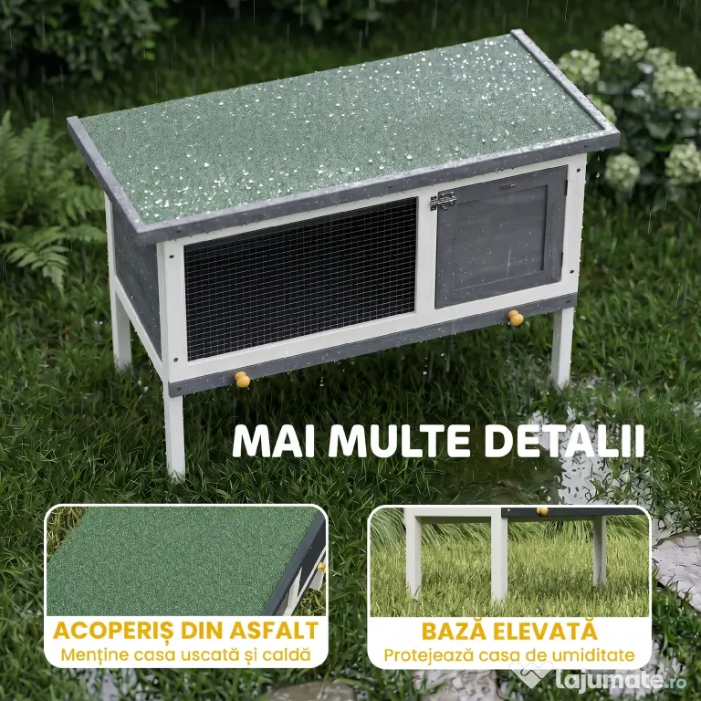 PawHut Cușcă Exterioară pentru Iepuri din Lemn de Pin cu Tavă Detasabilă, Acoperiș Rabatabil și Ușă cu Încuietoare, Gri | Aosom Romania