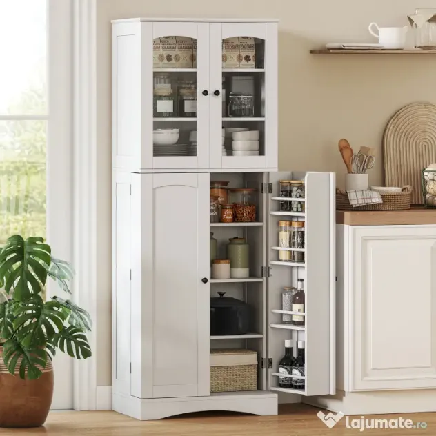 HOMCOM Dulap Bucătărie 162 cm, Credenza, Uși Acrilice Soft-Close, Rafturi, Alb. | Aosom Romania