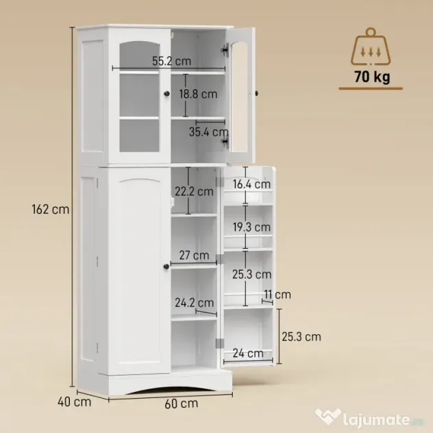 HOMCOM Dulap Bucătărie 162 cm, Credenza, Uși Acrilice Soft-Close, Rafturi, Alb. | Aosom Romania