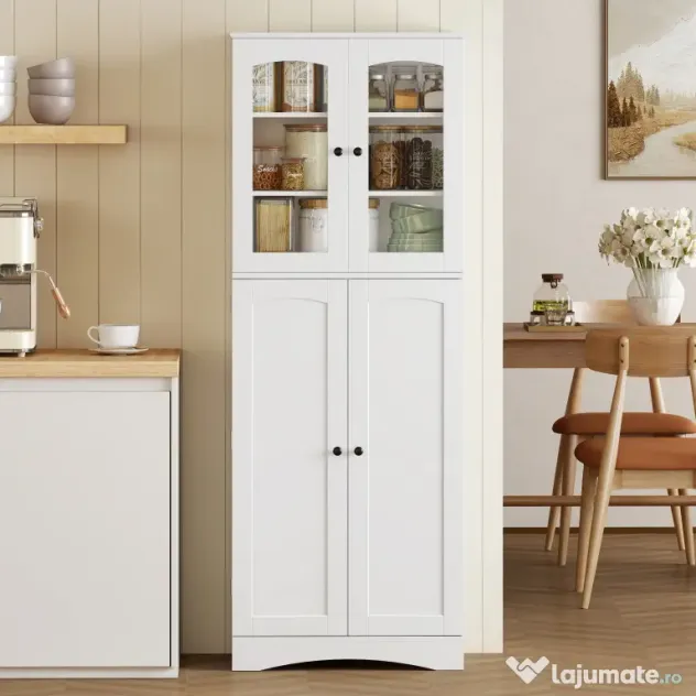 HOMCOM Dulap Bucătărie 162 cm, Credenza, Uși Acrilice Soft-Close, Rafturi, Alb. | Aosom Romania
