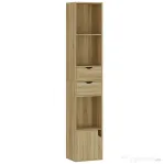 HOMCOM Bibliotecă Îngustă cu 6 Rafturi, Sertare, Ușă și Polițe Deschise, 30x24x158 cm, Stejar