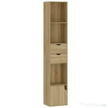 HOMCOM Bibliotecă Îngustă cu 6 Rafturi, Sertare, Ușă și Polițe Deschise, 30x24x158 cm, Stejar