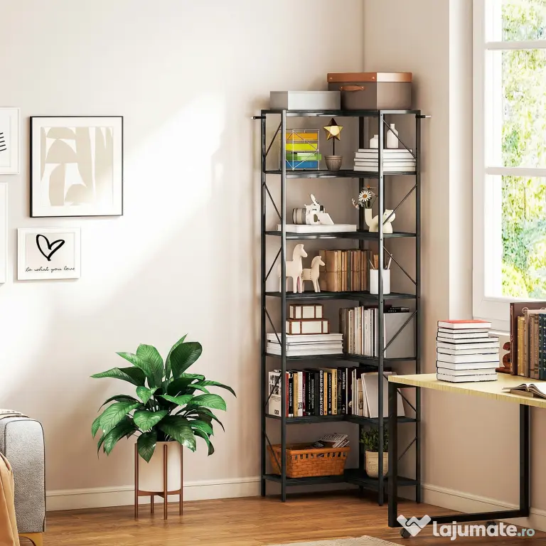 HOMCOM Bibliotecă Colțar cu 7 Rafturi, Stil Industrial, Efect Lemn Negru | Aosom Romania