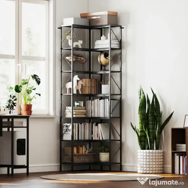 HOMCOM Bibliotecă Colțar cu 7 Rafturi, Stil Industrial, Efect Lemn Negru | Aosom Romania