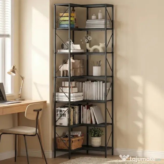 HOMCOM Bibliotecă Colțar cu 7 Rafturi, Stil Industrial, Efect Lemn Negru | Aosom Romania