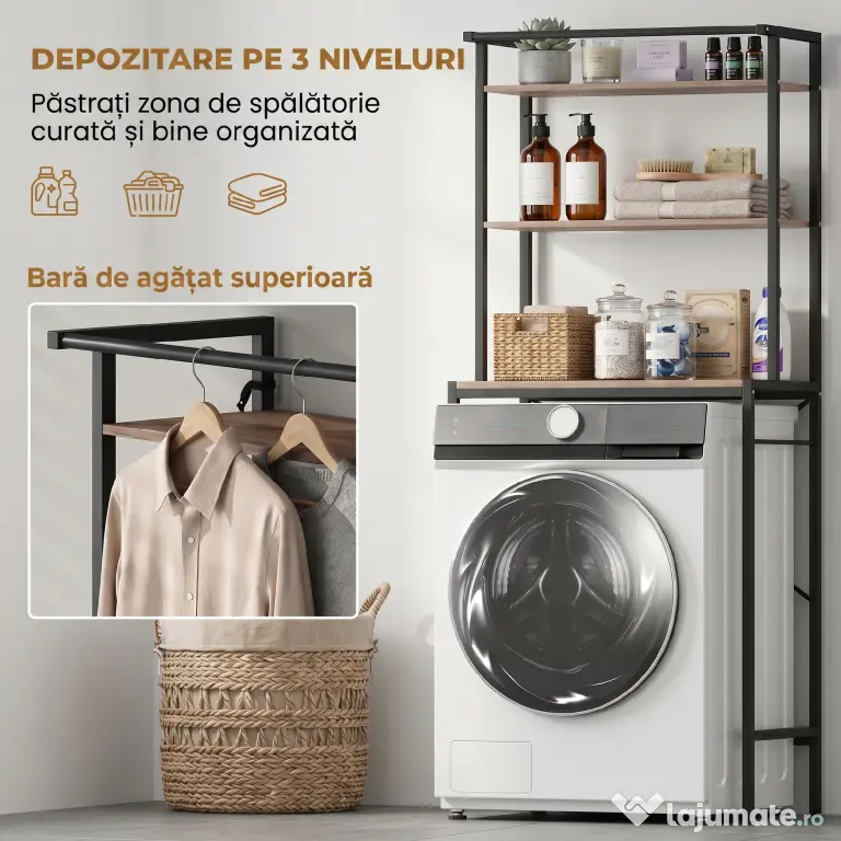 HOMCOM Raft 3 Nivele deasupra Mașinii de Spălat cu Bară Umerașe, Maro/Negru