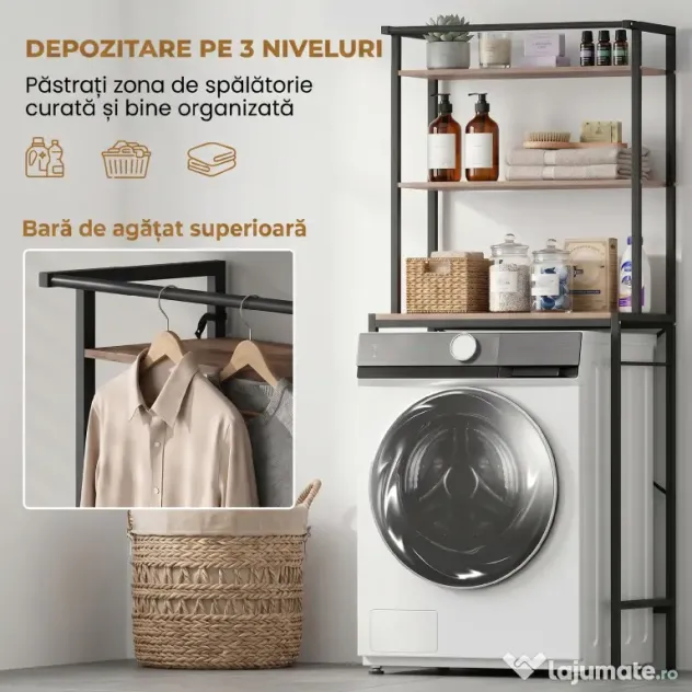 HOMCOM Raft 3 Nivele deasupra Mașinii de Spălat cu Bară Umerașe, Maro/Negru