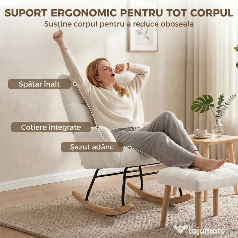 HOMCOM Fotoliu Balansoar din Sherpa cu Taburet, Buzunare Laterale, Șezut Gros, Design Matlasat, Crem | Aosom Romania