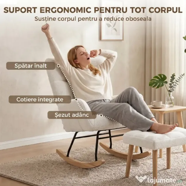 HOMCOM Fotoliu Balansoar din Sherpa cu Taburet, Buzunare Laterale, Șezut Gros, Design Matlasat, Crem | Aosom Romania