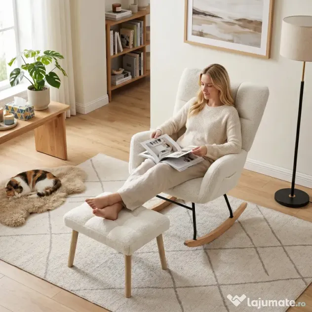 HOMCOM Fotoliu Balansoar din Sherpa cu Taburet, Buzunare Laterale, Șezut Gros, Design Matlasat, Crem | Aosom Romania