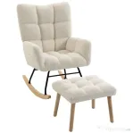 HOMCOM Fotoliu Balansoar din Sherpa cu Taburet, Buzunare Laterale, Șezut Gros, Design Matlasat, Crem