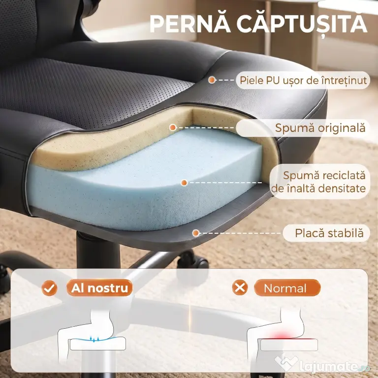 HOMCOM Scaun de Birou Rotativ, Funcție de Balansare, Suporturi Rabatabile pentru Brațe, Spătar Înalt, Înălțime Reglabilă, Negru | Aosom Romania