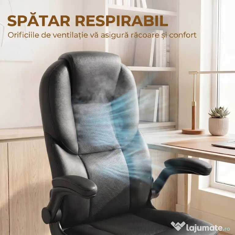 HOMCOM Scaun de Birou Rotativ, Funcție de Balansare, Suporturi Rabatabile pentru Brațe, Spătar Înalt, Înălțime Reglabilă, Negru | Aosom Romania