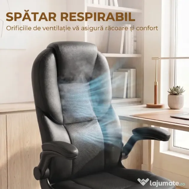HOMCOM Scaun de Birou Rotativ, Funcție de Balansare, Suporturi Rabatabile pentru Brațe, Spătar Înalt, Înălțime Reglabilă, Negru | Aosom Romania