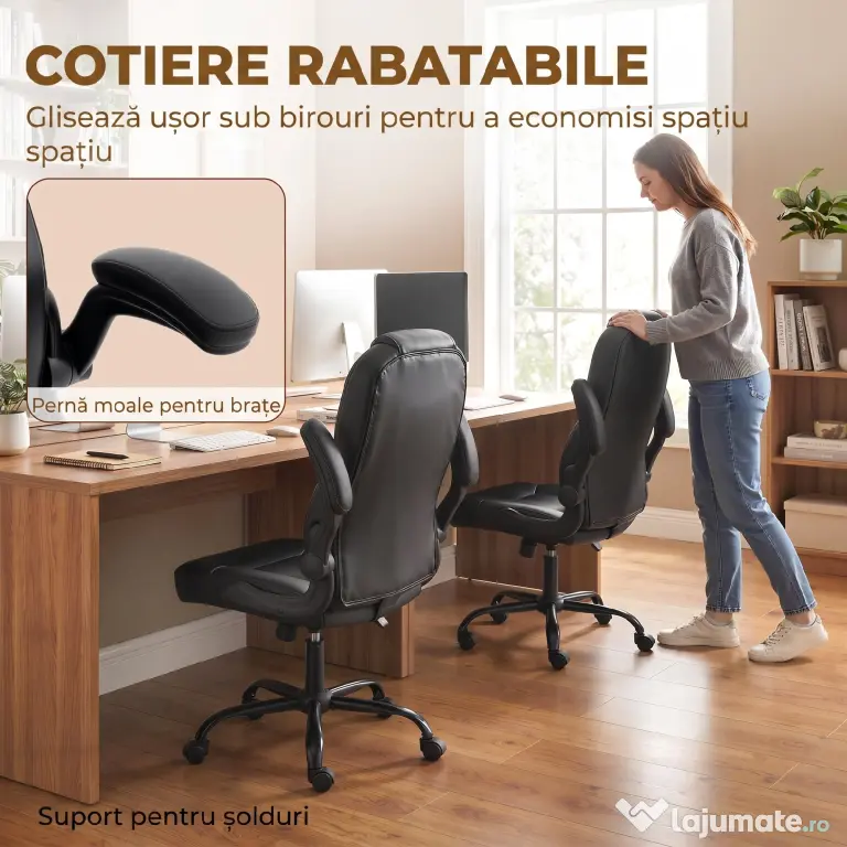 HOMCOM Scaun de Birou Rotativ, Funcție de Balansare, Suporturi Rabatabile pentru Brațe, Spătar Înalt, Înălțime Reglabilă, Negru | Aosom Romania