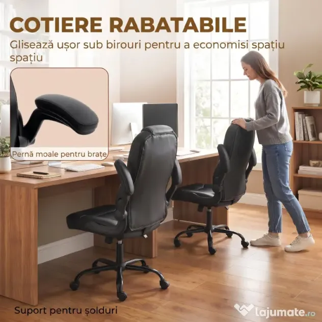 HOMCOM Scaun de Birou Rotativ, Funcție de Balansare, Suporturi Rabatabile pentru Brațe, Spătar Înalt, Înălțime Reglabilă, Negru | Aosom Romania