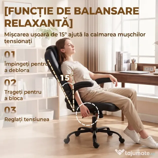 HOMCOM Scaun de Birou Rotativ, Funcție de Balansare, Suporturi Rabatabile pentru Brațe, Spătar Înalt, Înălțime Reglabilă, Negru | Aosom Romania