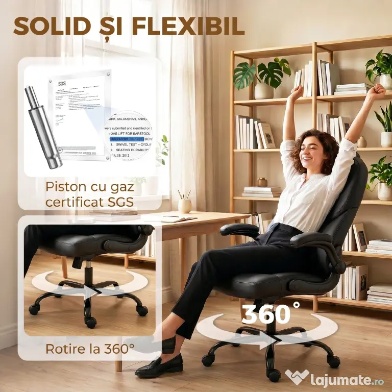 HOMCOM Scaun de Birou Rotativ, Funcție de Balansare, Suporturi Rabatabile pentru Brațe, Spătar Înalt, Înălțime Reglabilă, Negru | Aosom Romania