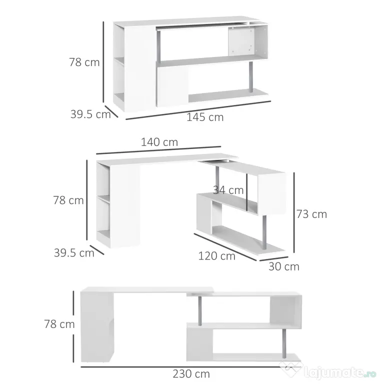 HOMCOM Birou de Colt Alb 140×120×78 cm – Lemn Elegant