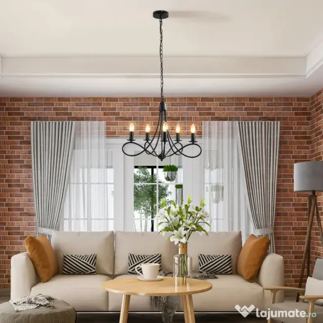 HOMCOM Candelabru Suspendat si Impletit pentru Tavan, Lustra din Otel cu 5 Sfesnice, Plafoniera suspendata, 158x45Hcm Negru