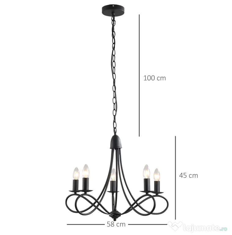 HOMCOM Candelabru Suspendat si Impletit pentru Tavan, Lustra din Otel cu 5 Sfesnice, Plafoniera suspendata, 158x45Hcm Negru
