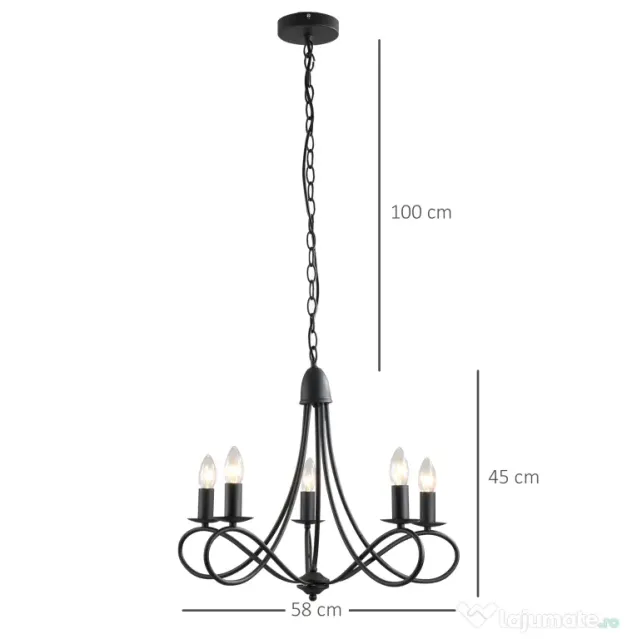 HOMCOM Candelabru Suspendat si Impletit pentru Tavan, Lustra din Otel cu 5 Sfesnice, Plafoniera suspendata, 158x45Hcm Negru