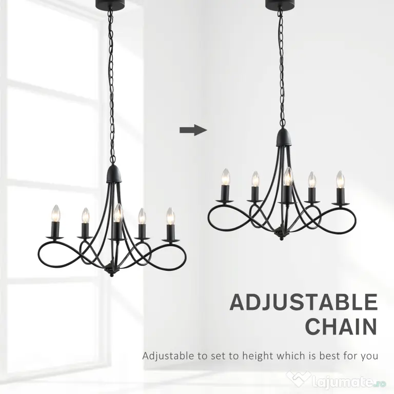 HOMCOM Candelabru Suspendat si Impletit pentru Tavan, Lustra din Otel cu 5 Sfesnice, Plafoniera suspendata, 158x45Hcm Negru