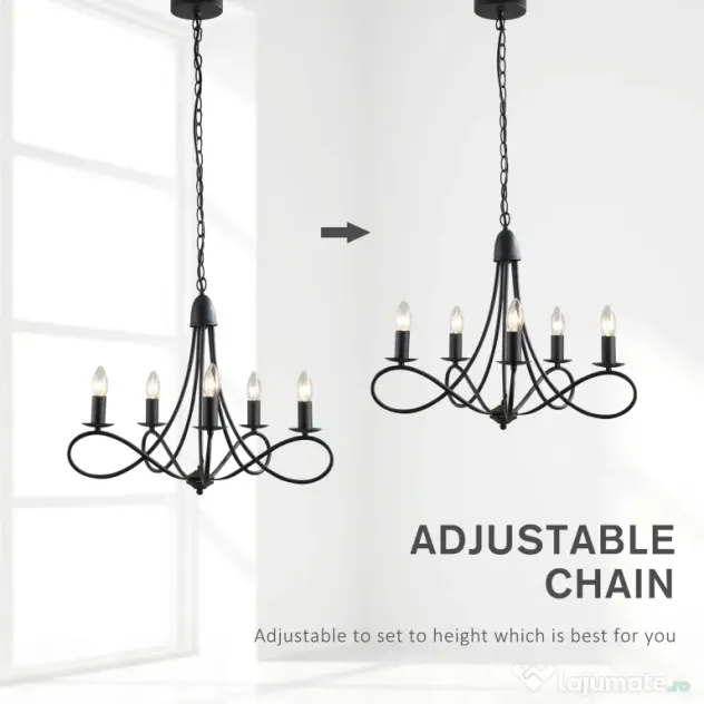 HOMCOM Candelabru Suspendat si Impletit pentru Tavan, Lustra din Otel cu 5 Sfesnice, Plafoniera suspendata, 158x45Hcm Negru