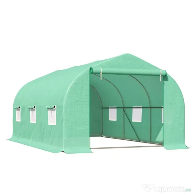 Outsunny Seră pentru Grădină cu 6 Ferestre, Ușă Rulantă și Acoperiș Învelit PE, 4,5x3x2 m, Verde Închis