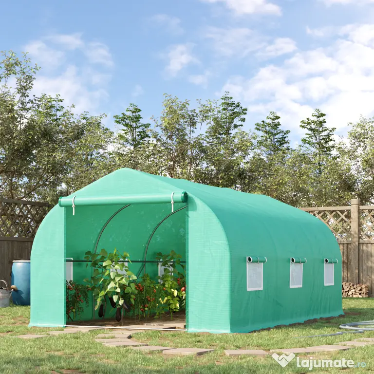 Outsunny Seră pentru Grădină cu 6 Ferestre, Ușă Rulantă și Acoperiș Învelit PE, 4,5x3x2 m, Verde Închis