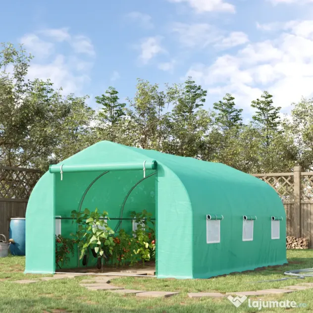 Outsunny Seră pentru Grădină cu 6 Ferestre, Ușă Rulantă și Acoperiș Învelit PE, 4,5x3x2 m, Verde Închis