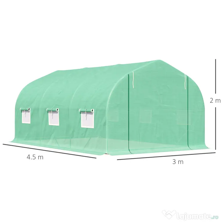 Outsunny Seră pentru Grădină cu 6 Ferestre, Ușă Rulantă și Acoperiș Învelit PE, 4,5x3x2 m, Verde Închis