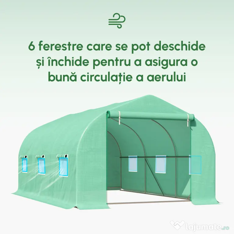 Outsunny Seră pentru Grădină cu 6 Ferestre, Ușă Rulantă și Acoperiș Învelit PE, 4,5x3x2 m, Verde Închis