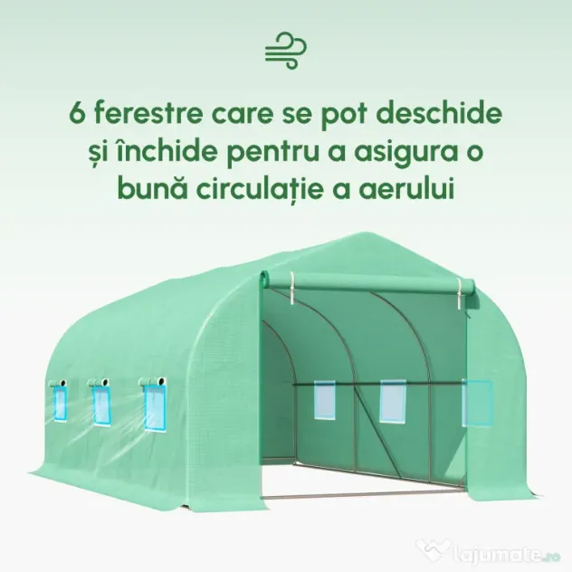 Outsunny Seră pentru Grădină cu 6 Ferestre, Ușă Rulantă și Acoperiș Învelit PE, 4,5x3x2 m, Verde Închis