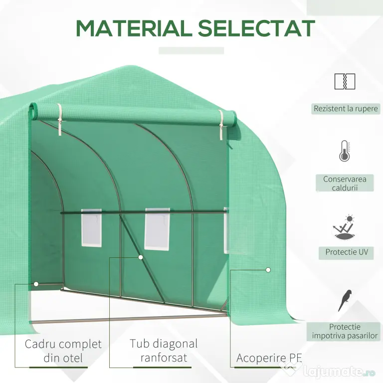 Outsunny Seră pentru Grădină cu 6 Ferestre, Ușă Rulantă și Acoperiș Învelit PE, 4,5x3x2 m, Verde Închis
