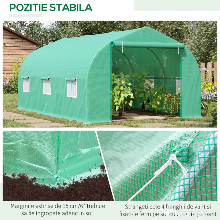 Outsunny Seră pentru Grădină cu 6 Ferestre, Ușă Rulantă și Acoperiș Învelit PE, 4,5x3x2 m, Verde Închis