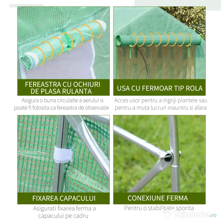 Outsunny Seră pentru Grădină cu 6 Ferestre, Ușă Rulantă și Acoperiș Învelit PE, 4,5x3x2 m, Verde Închis